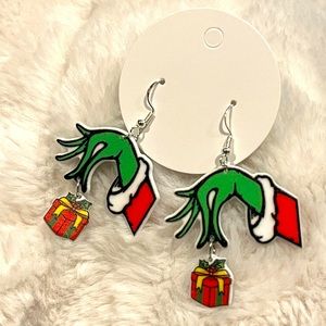 Grinch Holding Gift Christmas Handcrafted 925 Earrings